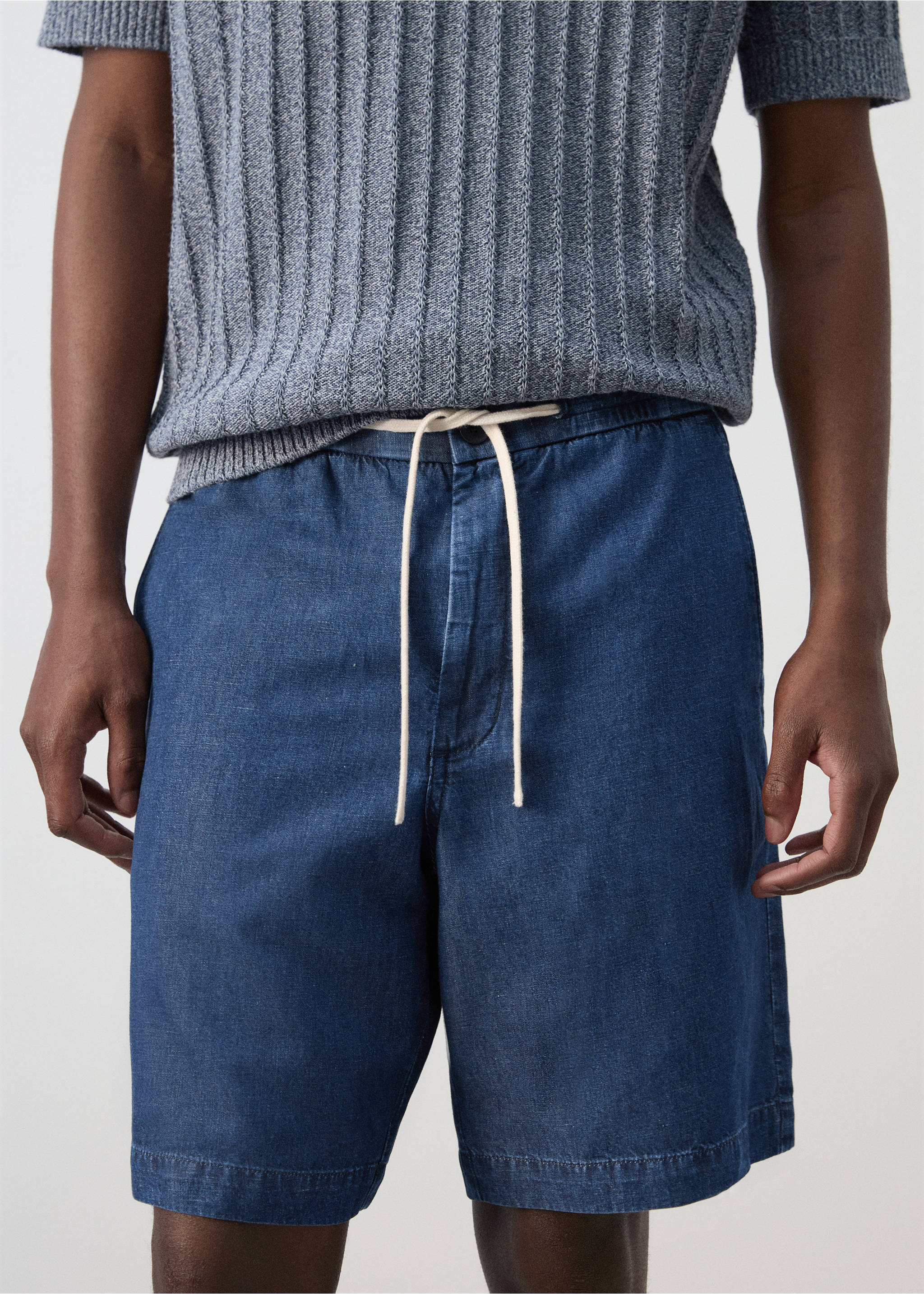 Cotton-linen bermuda shorts with drawstring - Details of the article 1, Dark Blue. Ref: 27009208-00.