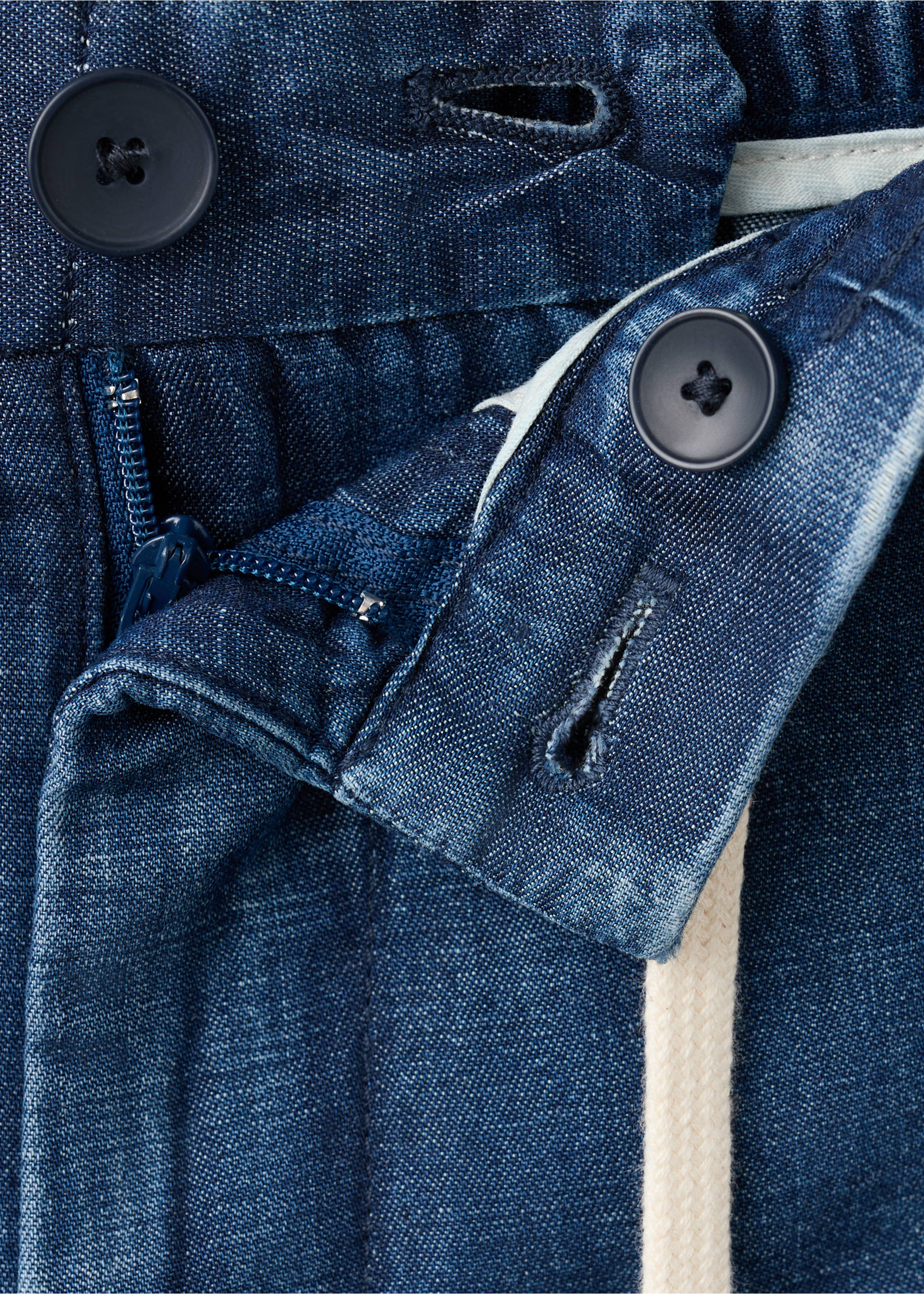 Cotton-linen bermuda shorts with drawstring - Details of the article 8, Dark Blue. Ref: 27009208-00.