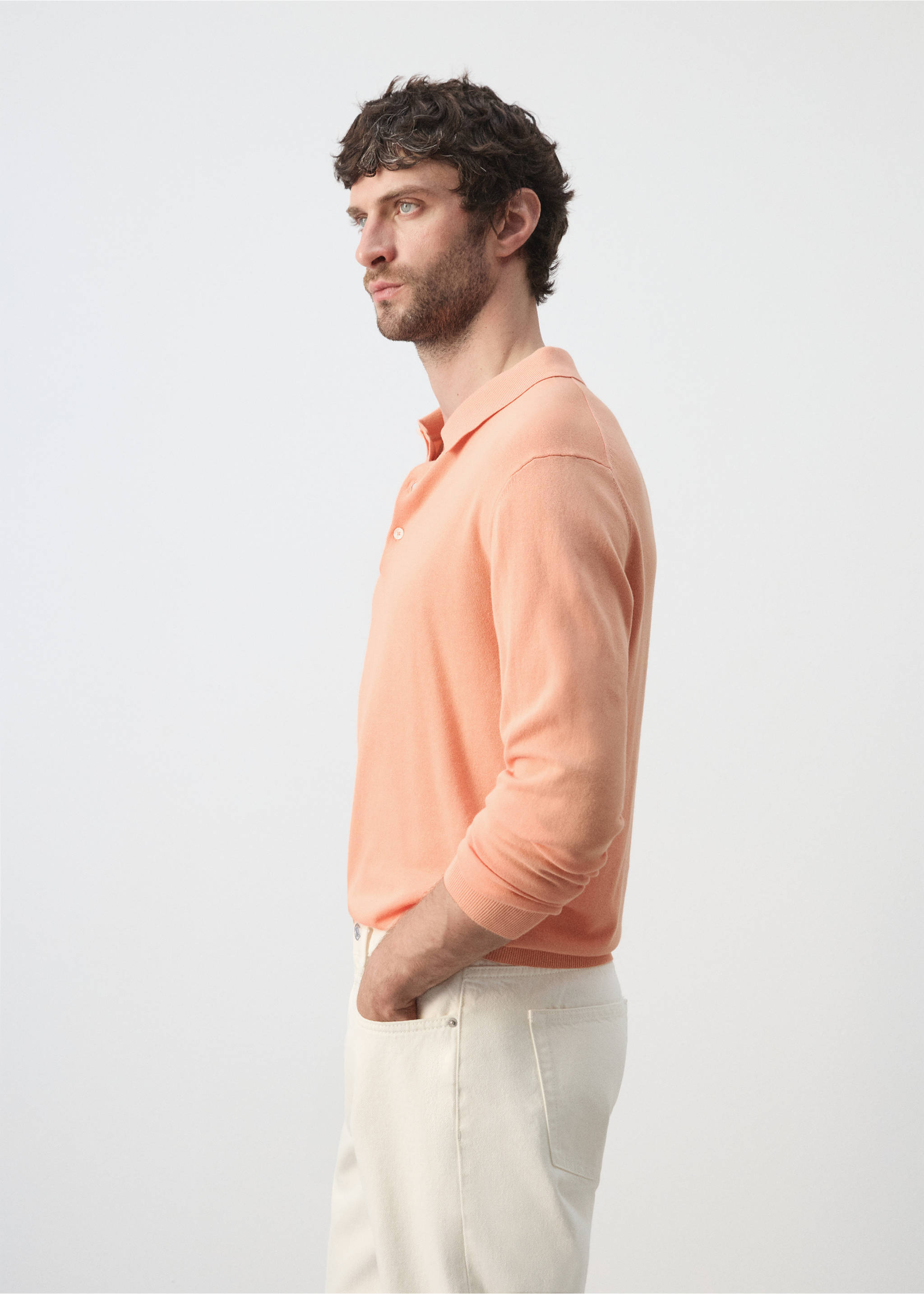 100% cotton fine-knit polo shirt - Details of the article 2, Peach. Ref: 27009211-01.