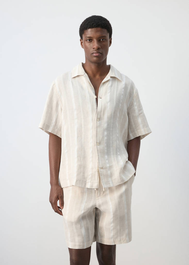 Striped linen shirt with a bowling collar — Beige