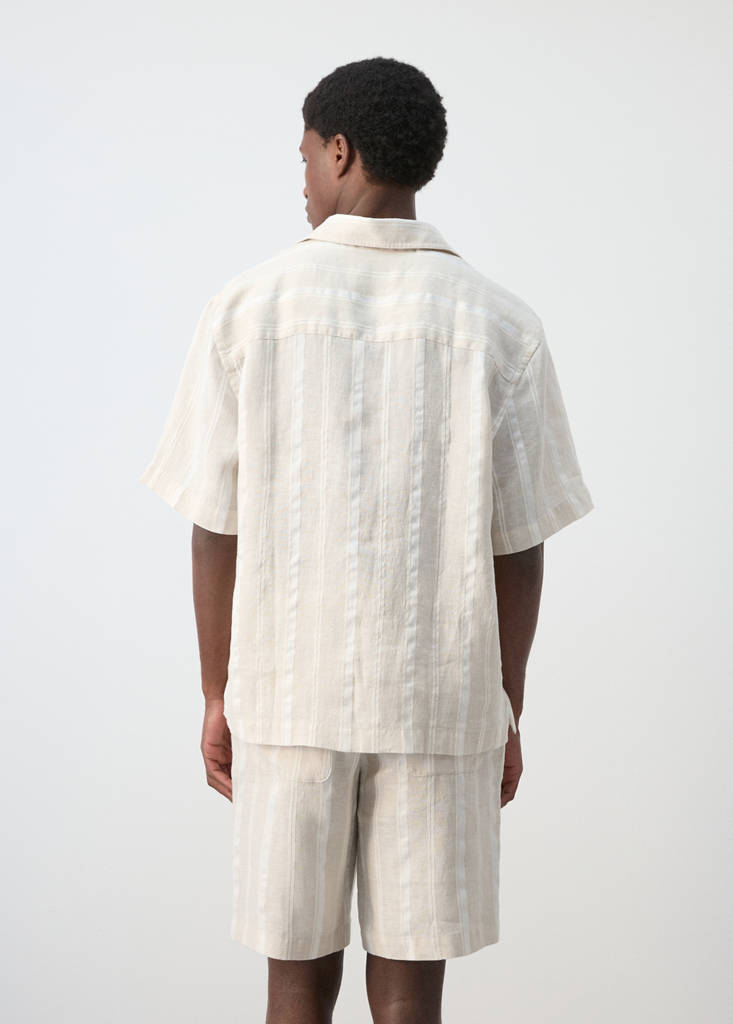 Striped linen shirt with a bowling collar — Beige