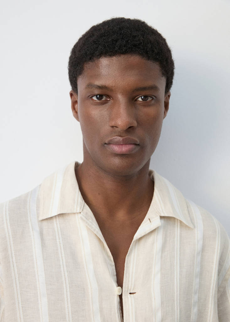 Striped linen shirt with a bowling collar — Beige