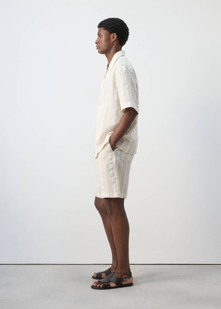 Striped linen shirt with a bowling collar — Beige