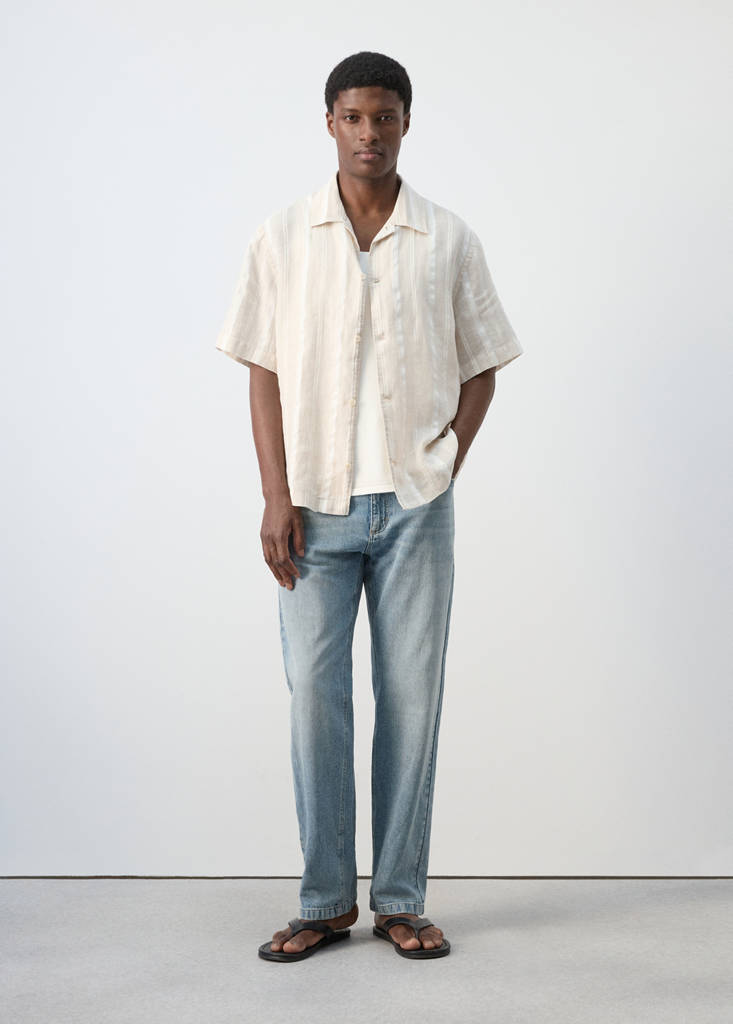 Striped linen shirt with a bowling collar — Beige
