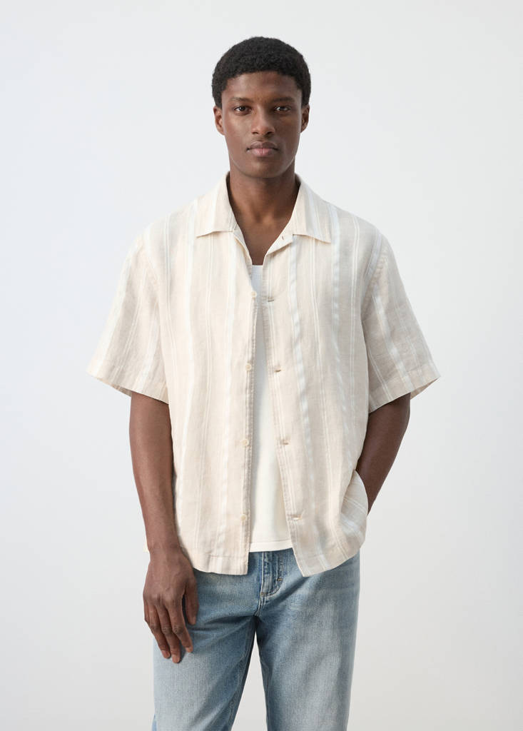 Striped linen shirt with a bowling collar — Beige