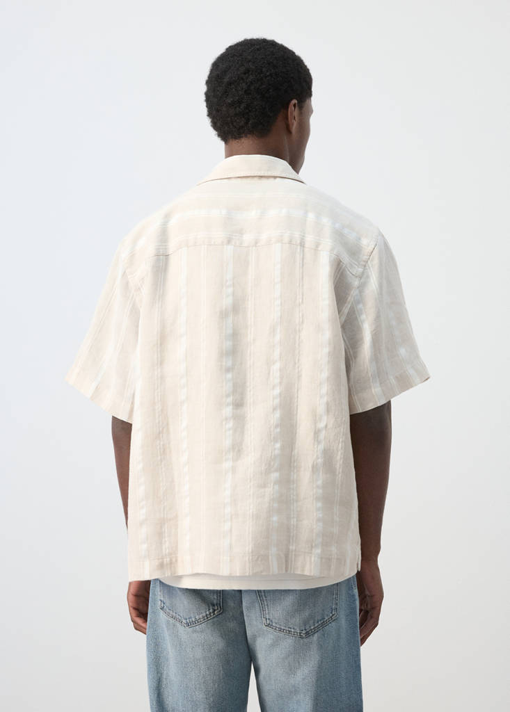 Striped linen shirt with a bowling collar — Beige