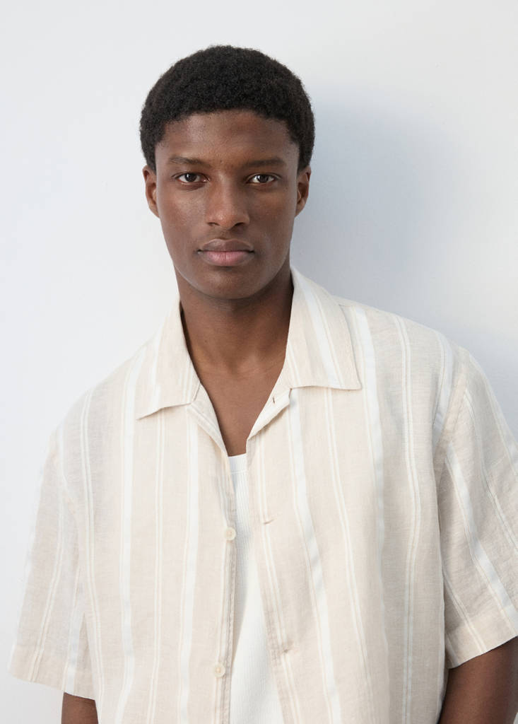 Striped linen shirt with a bowling collar — Beige