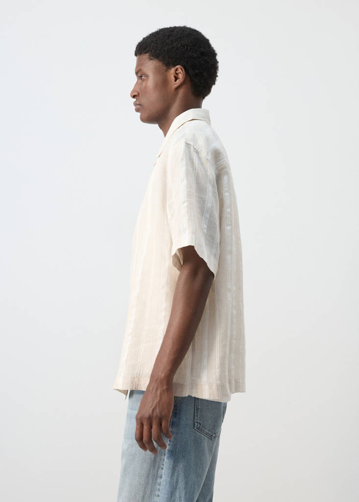 Striped linen shirt with a bowling collar — Beige