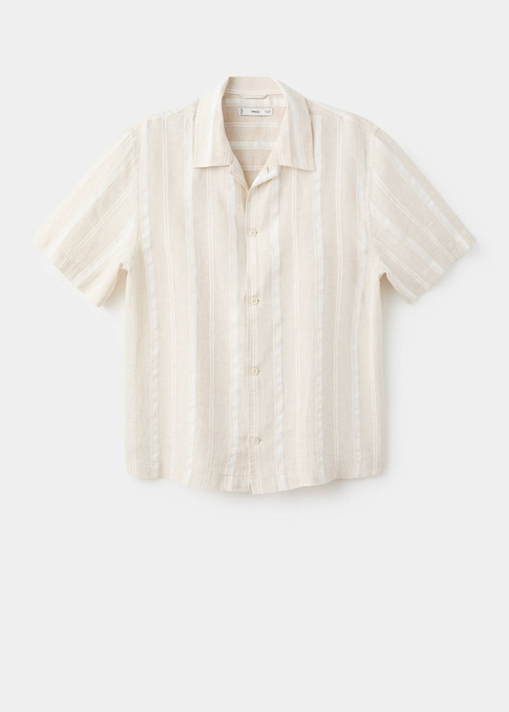 Striped linen shirt with a bowling collar — Beige