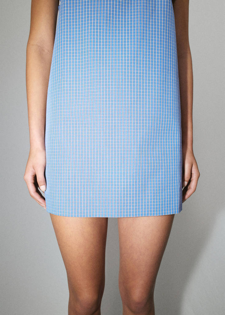 Short checked dress with ruffle detail — Blue
