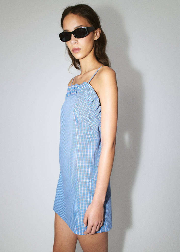 Short checked dress with ruffle detail — Blue