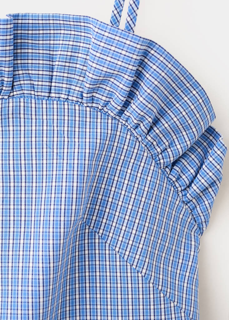 Short checked dress with ruffle detail — Blue