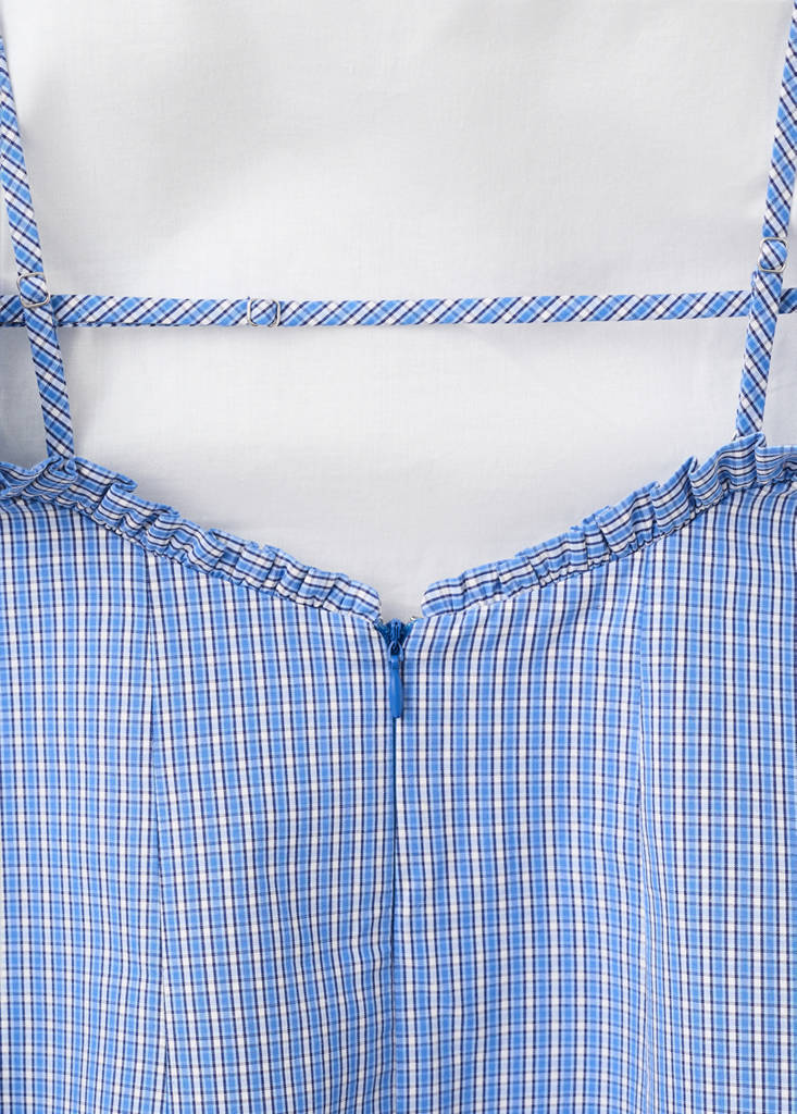 Short checked dress with ruffle detail — Blue