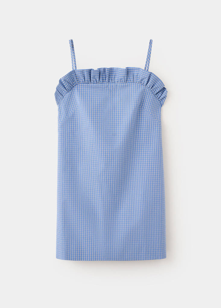 Short checked dress with ruffle detail — Blue