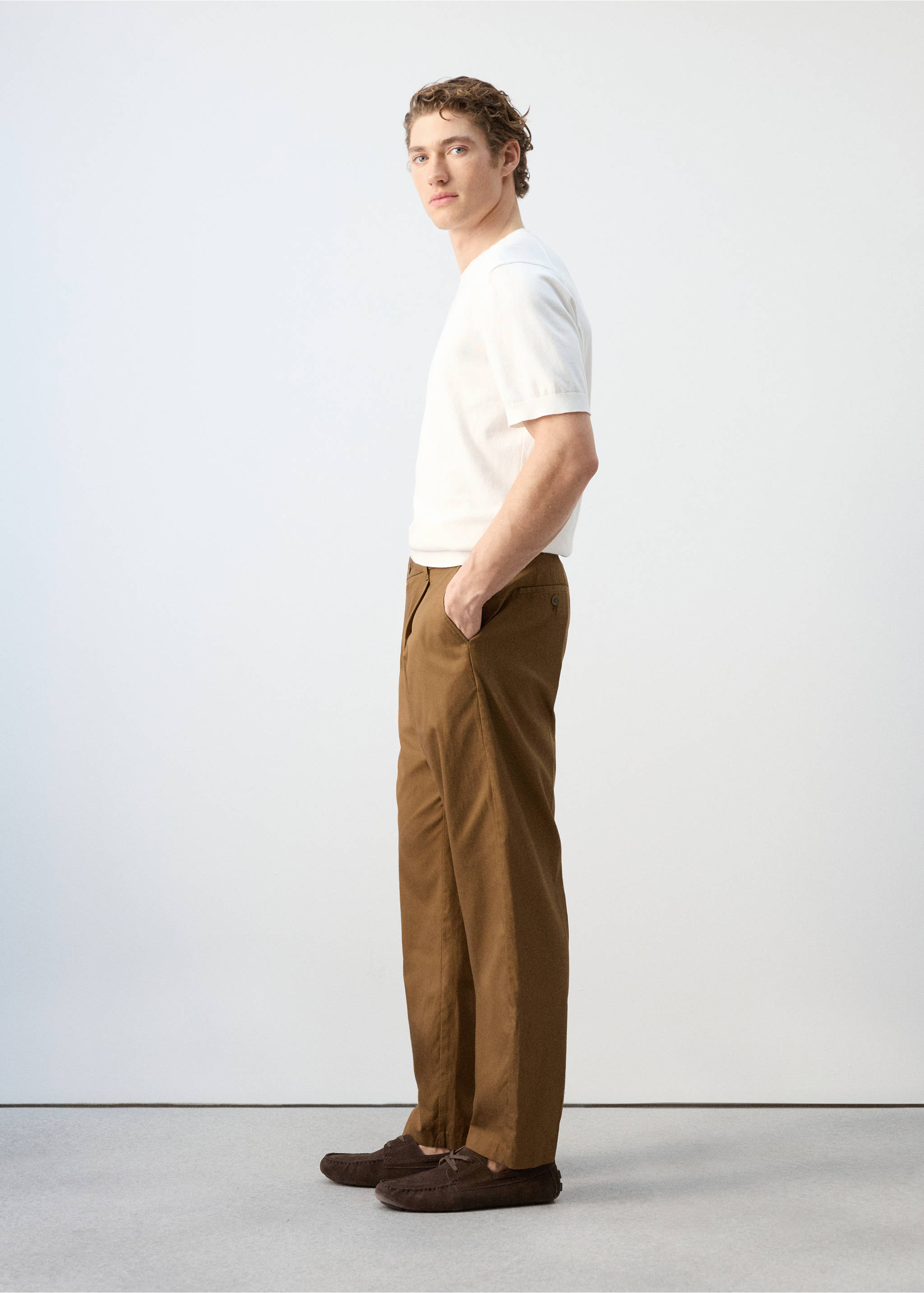 Regular-fit pleated flowy trousers - Details of the article 2, Brown. Ref: 27011191-00.