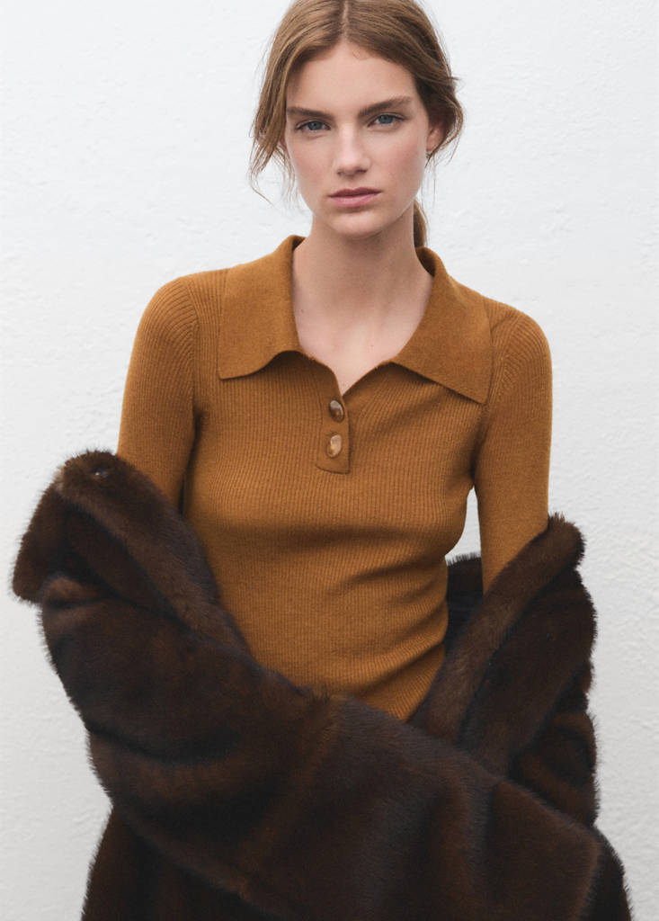 Polo-neck ribbed sweater — Tobacco Brown