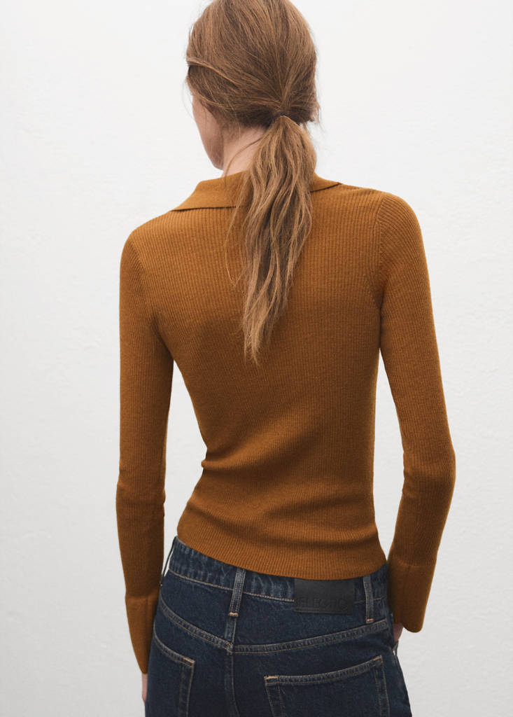 Polo-neck ribbed sweater — Tobacco Brown