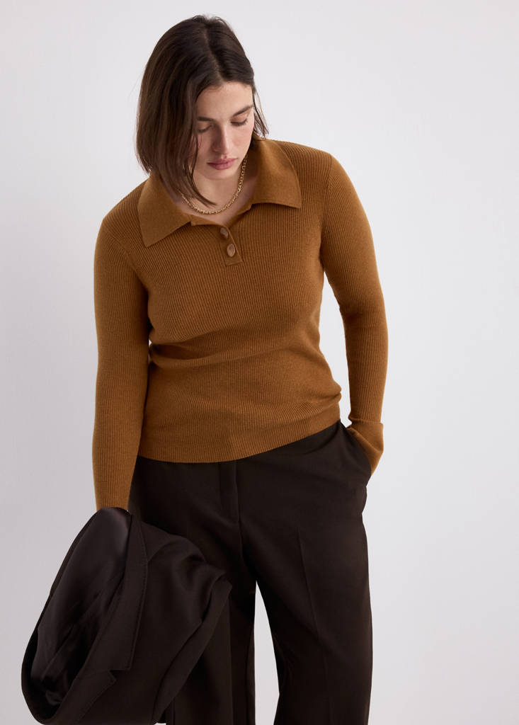 Polo-neck ribbed sweater — Tobacco Brown