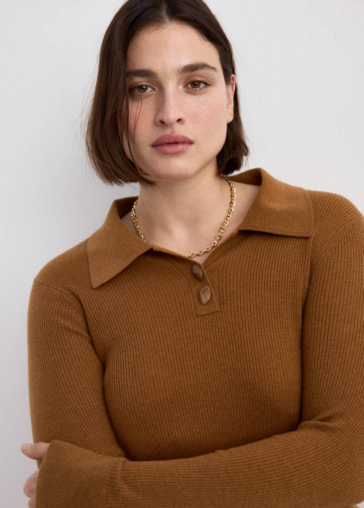Polo-neck ribbed sweater — Tobacco Brown