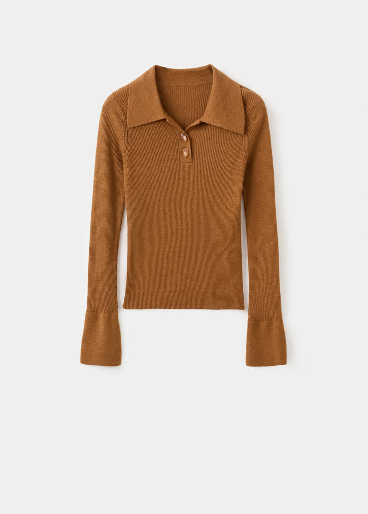 Polo-neck ribbed sweater — Tobacco Brown