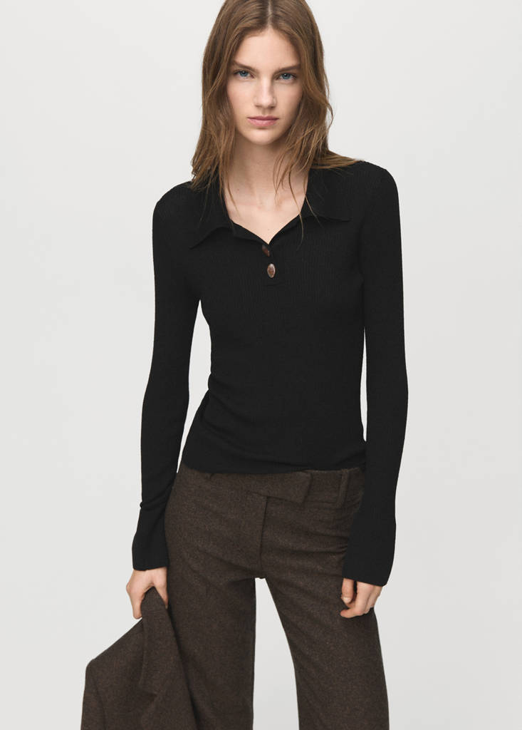 Polo-neck ribbed sweater — Black