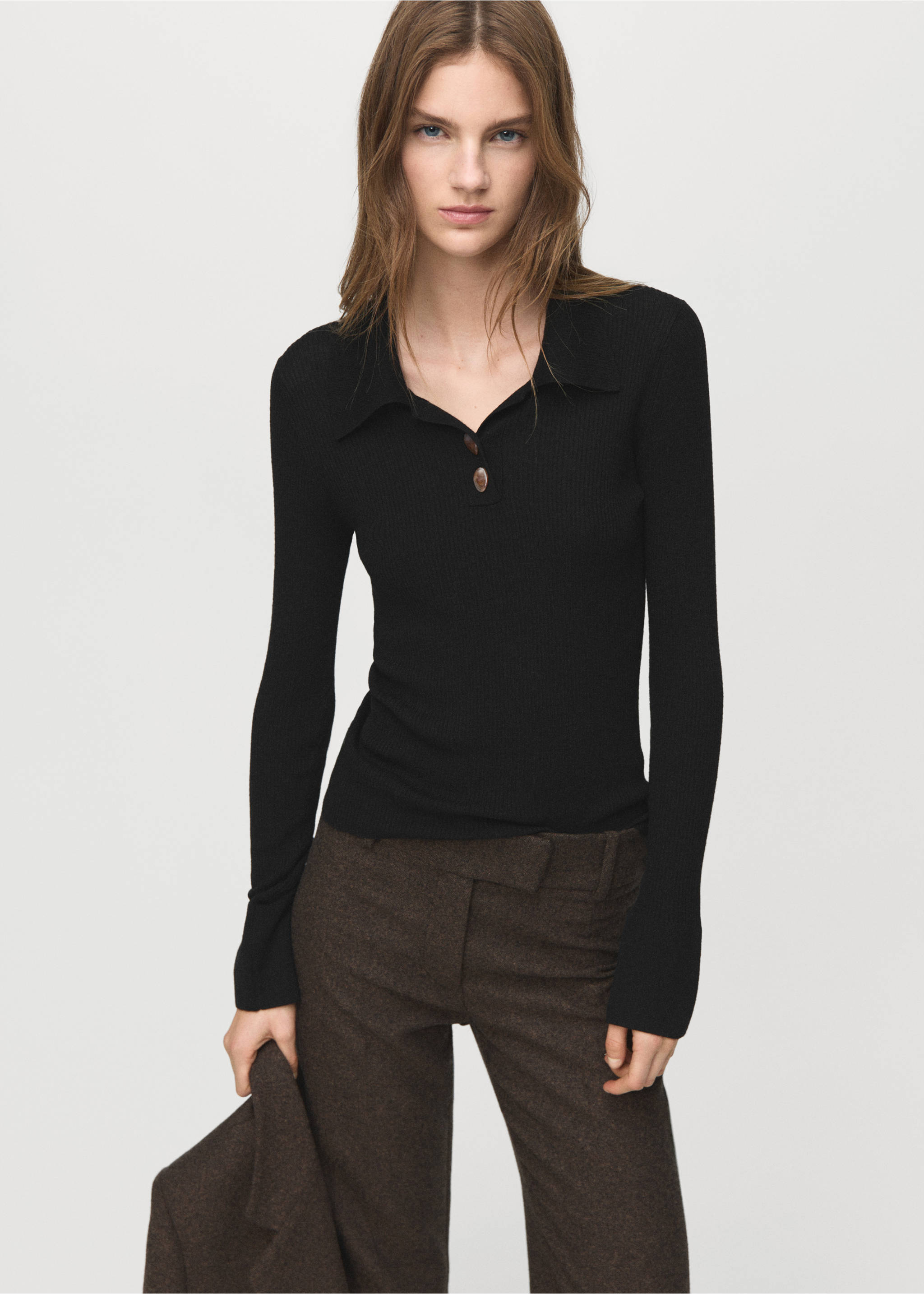Polo-neck ribbed sweater - Medium plane, Black. Ref: 27011277-00.