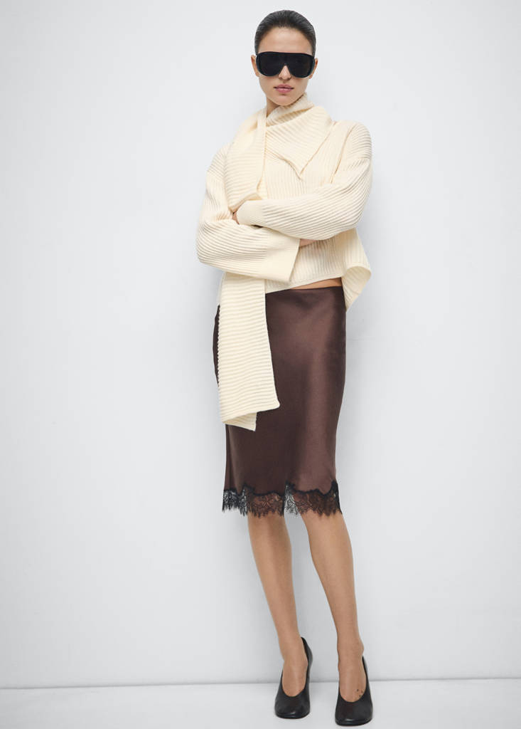 Ribbed sweater with scarf detail — Ecru