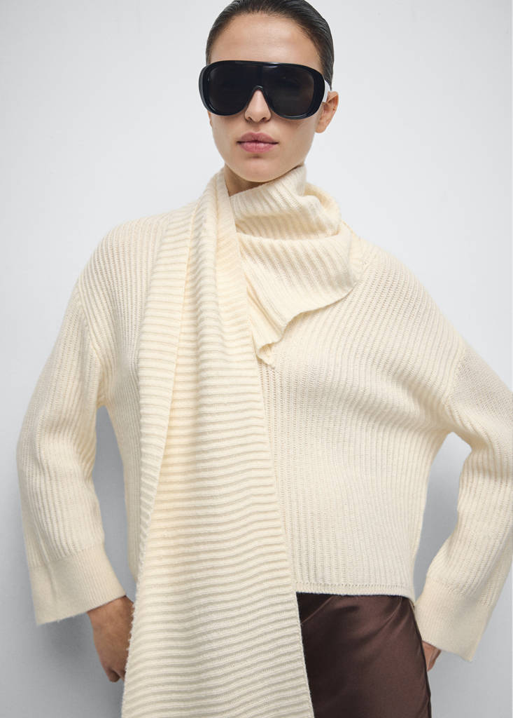 Ribbed sweater with scarf detail — Ecru