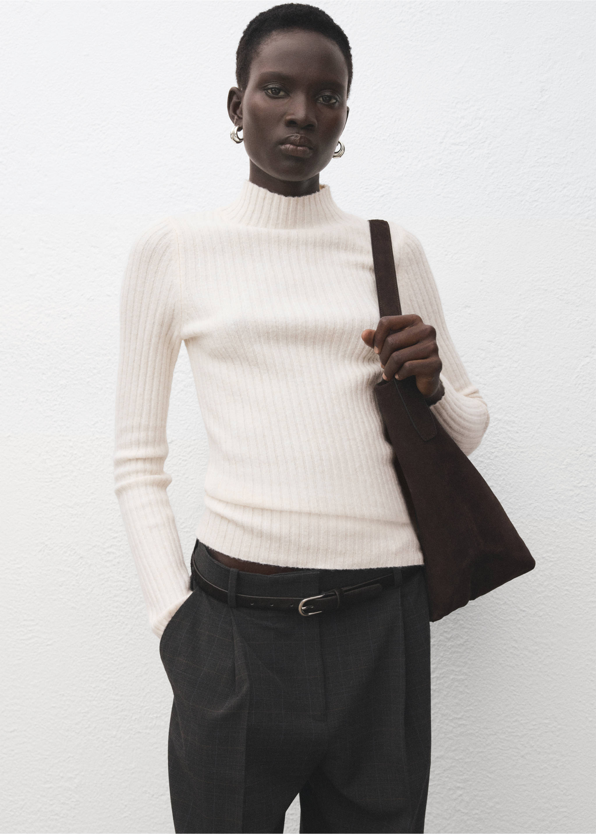 Fitted sweater with perkins neck - Medium plane, Ecru. Ref: 27011289-00.