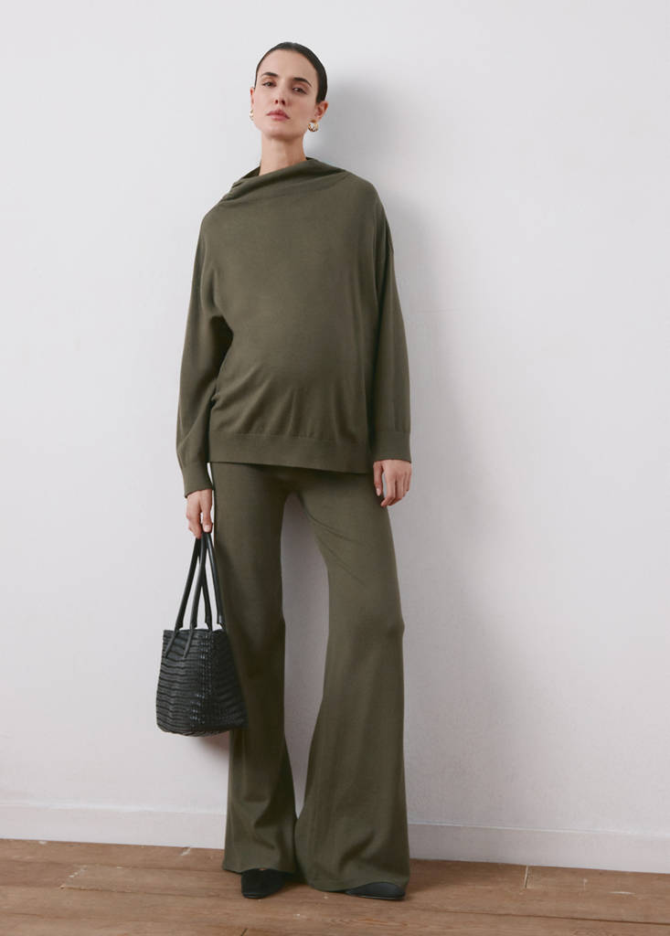 Gathered perkins-neck sweater — Khaki