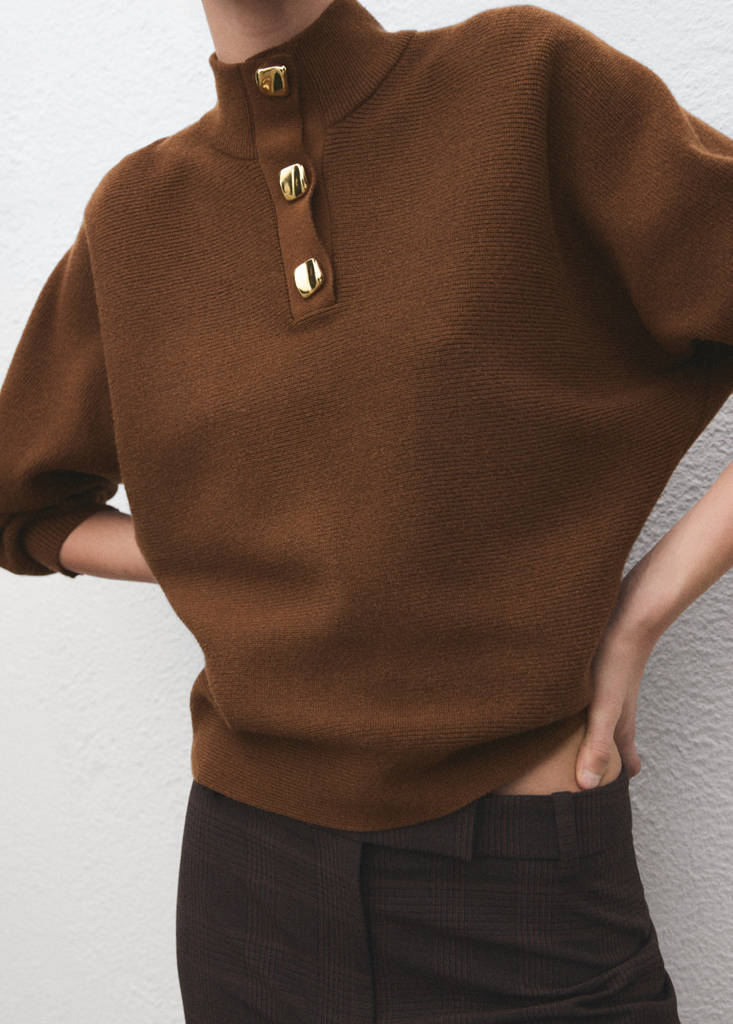 Turtleneck sweater with jewel buttons — Brown
