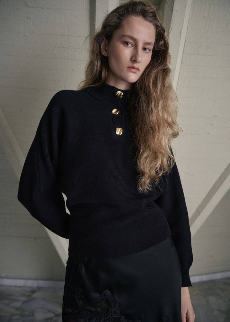 Turtleneck sweater with jewel buttons — Black