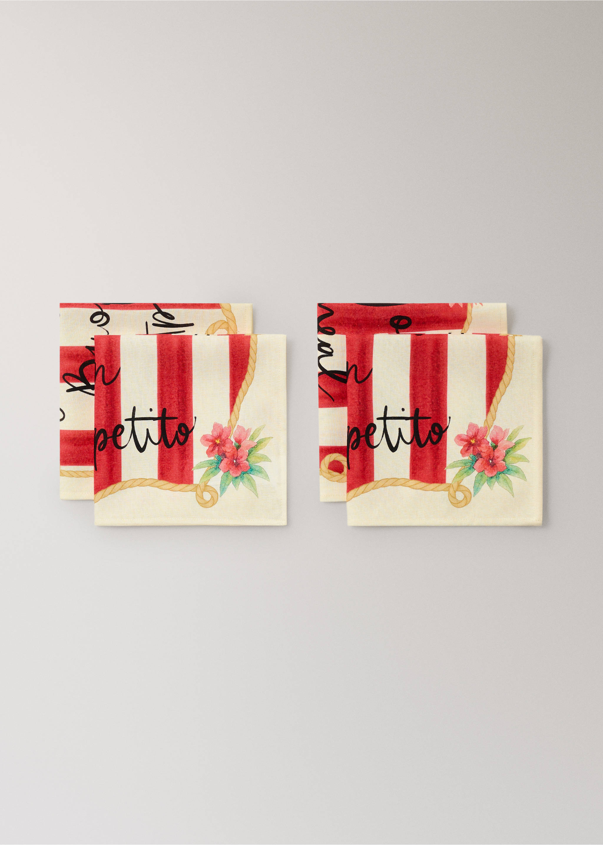 Baumwoll-Leinen-Servietten mit Streifen- und Blumenprint - Detail des Artikels 1, Rot. Ref: 27011521-00.