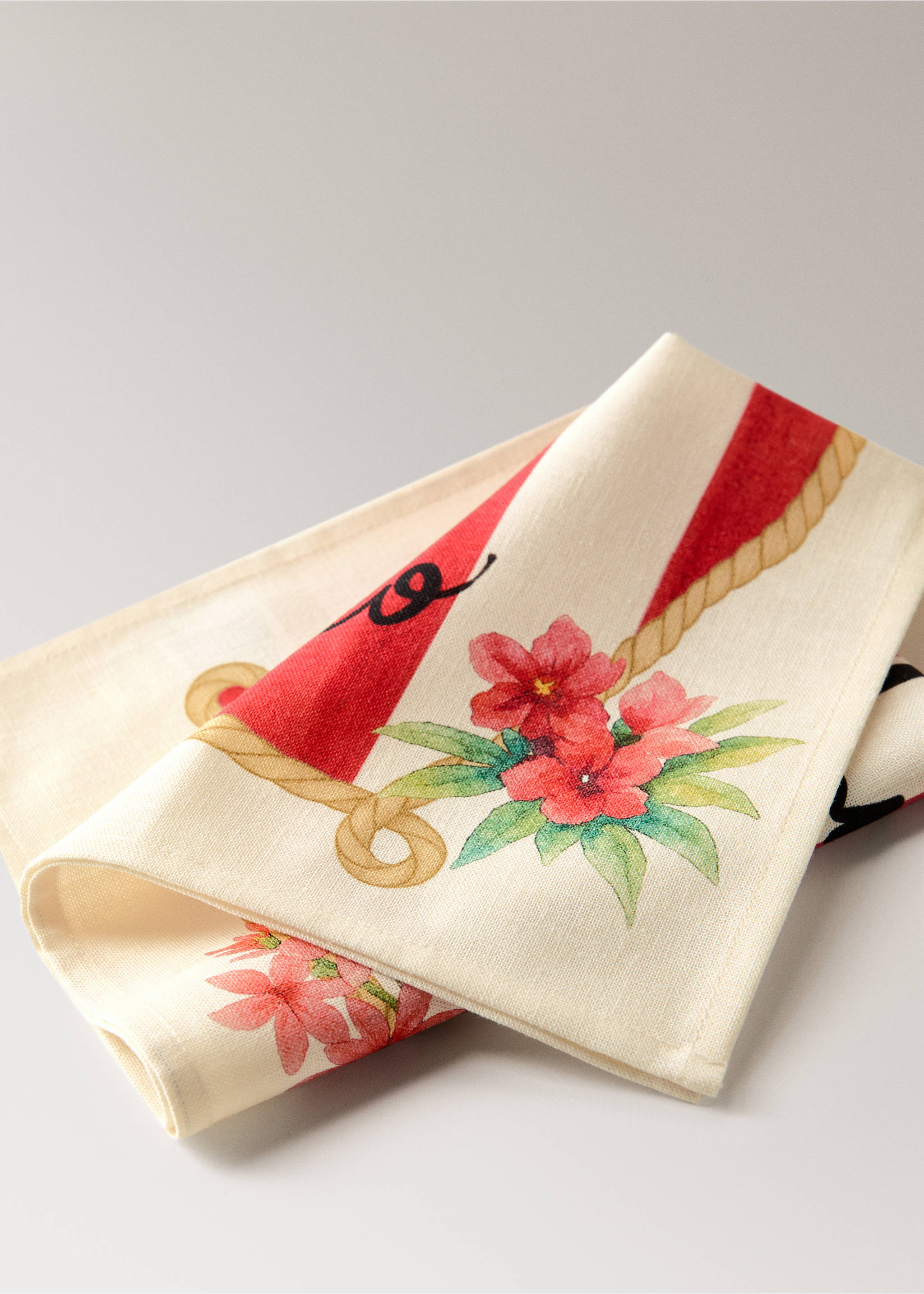 Baumwoll-Leinen-Servietten mit Streifen- und Blumenprint - Detail des Artikels 2, Rot. Ref: 27011521-00.