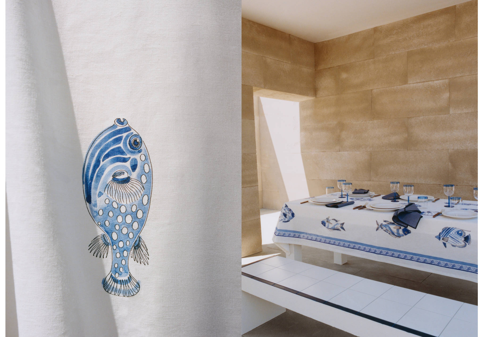 Cotton linen tablecloth with fish motifs for 6 to 8 guests - Panoramic plane