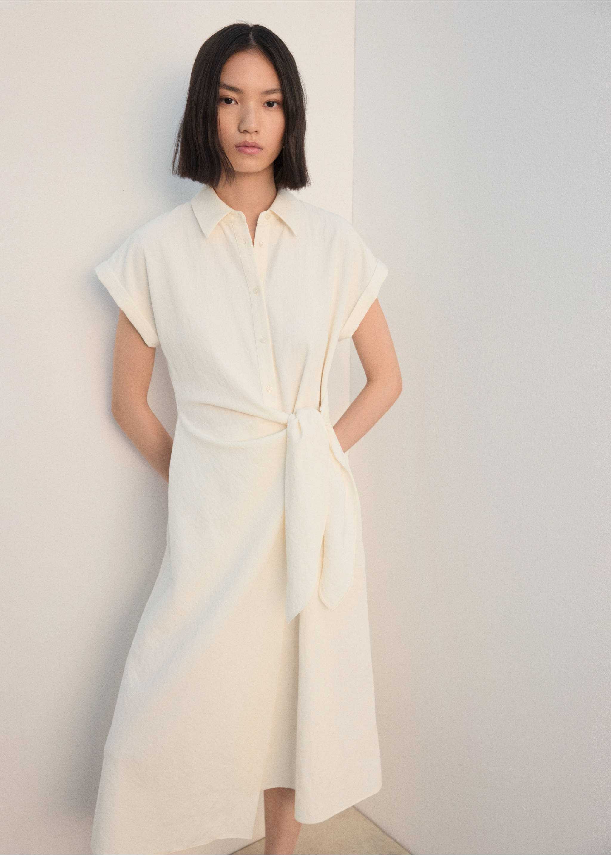 Knot detail shirt dress - Medium plane, Ecru. Ref: 27012545-00.