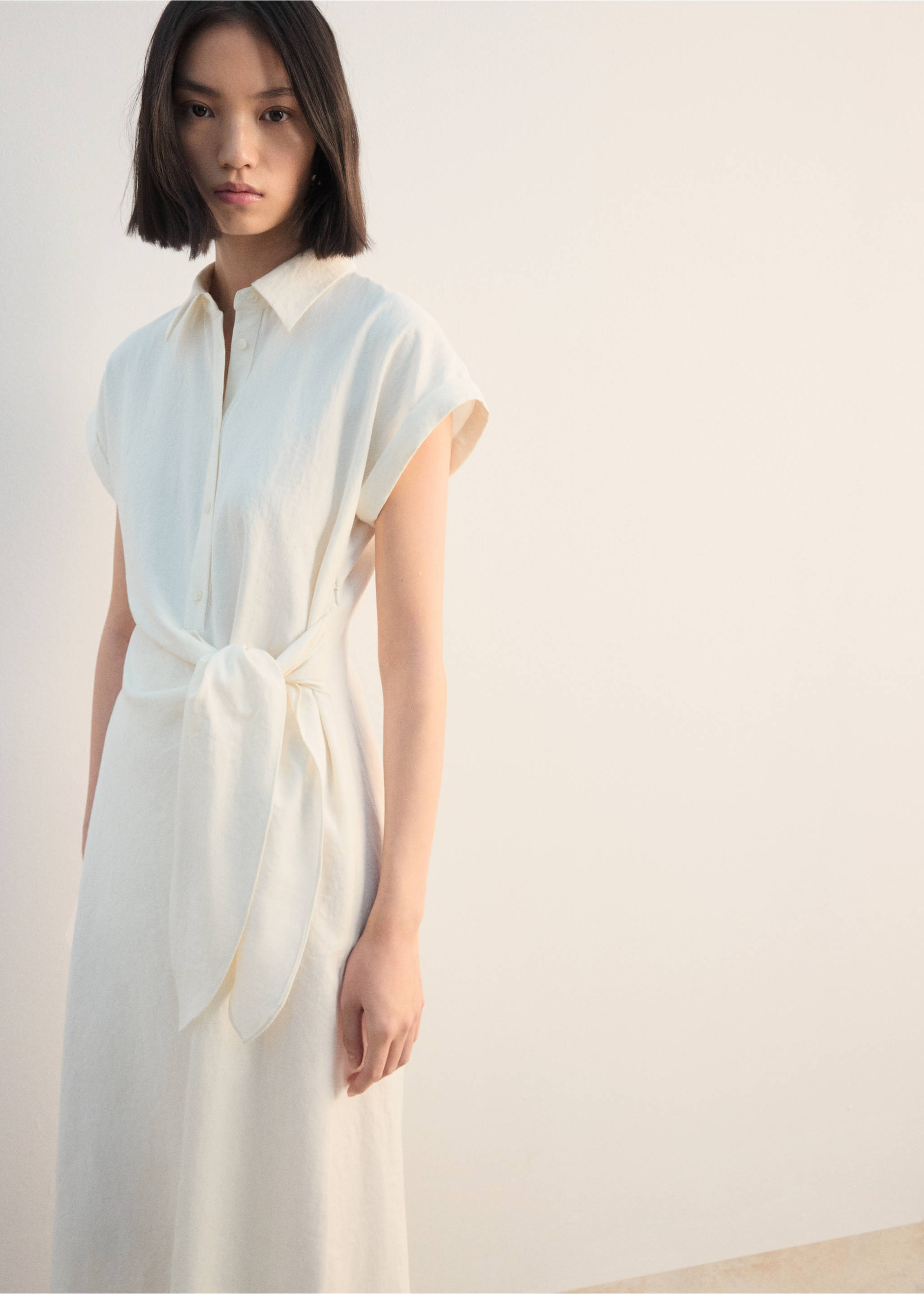Knot detail shirt dress - Details of the article 2, Ecru. Ref: 27012545-00.