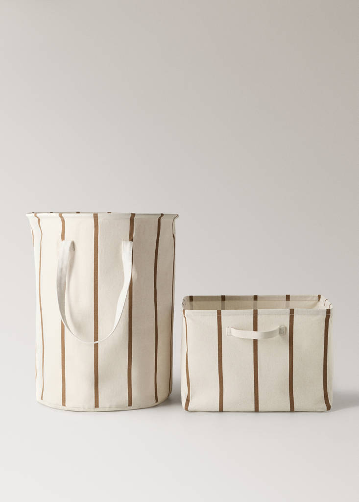 Textile basket with cylindrical striped design — White