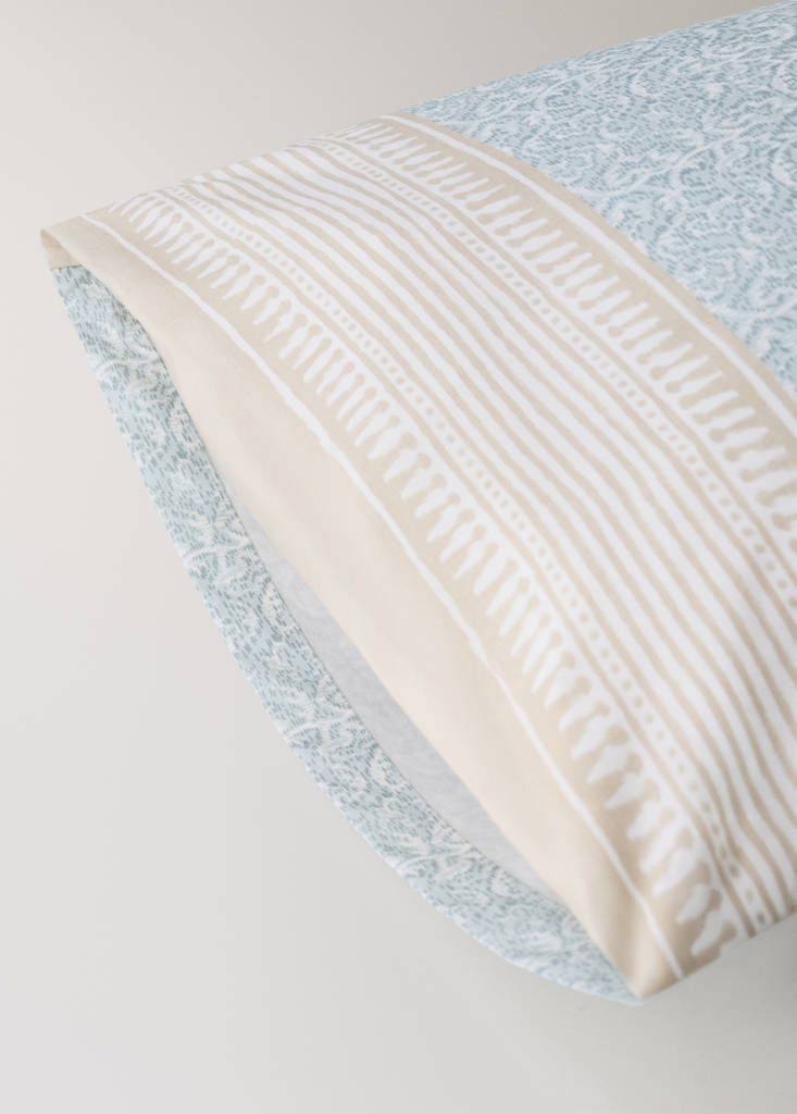 Two percale pillowcases with decorative floral border and striped trim 50x75 cm — Pastel Green