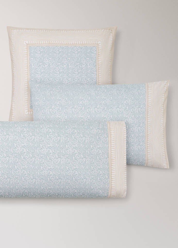 Two percale pillowcases with decorative floral border and striped trim 50x75 cm — Pastel Green