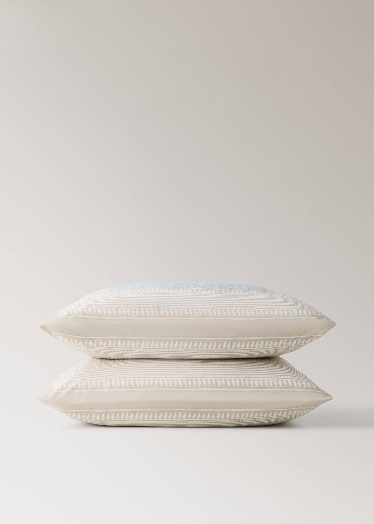 Two cotton percale pillowcases with decorative floral border and striped trim 60x60 cm — Pastel Green
