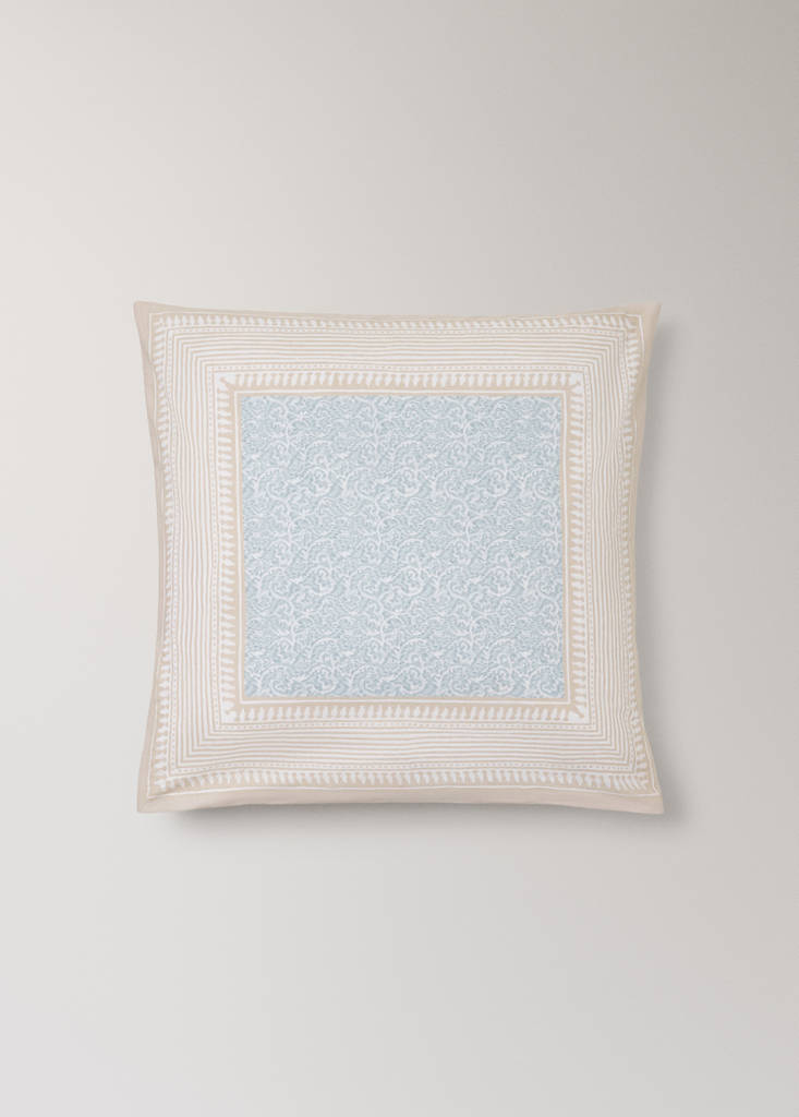 Two cotton percale pillowcases with decorative floral border and striped trim 60x60 cm — Pastel Green