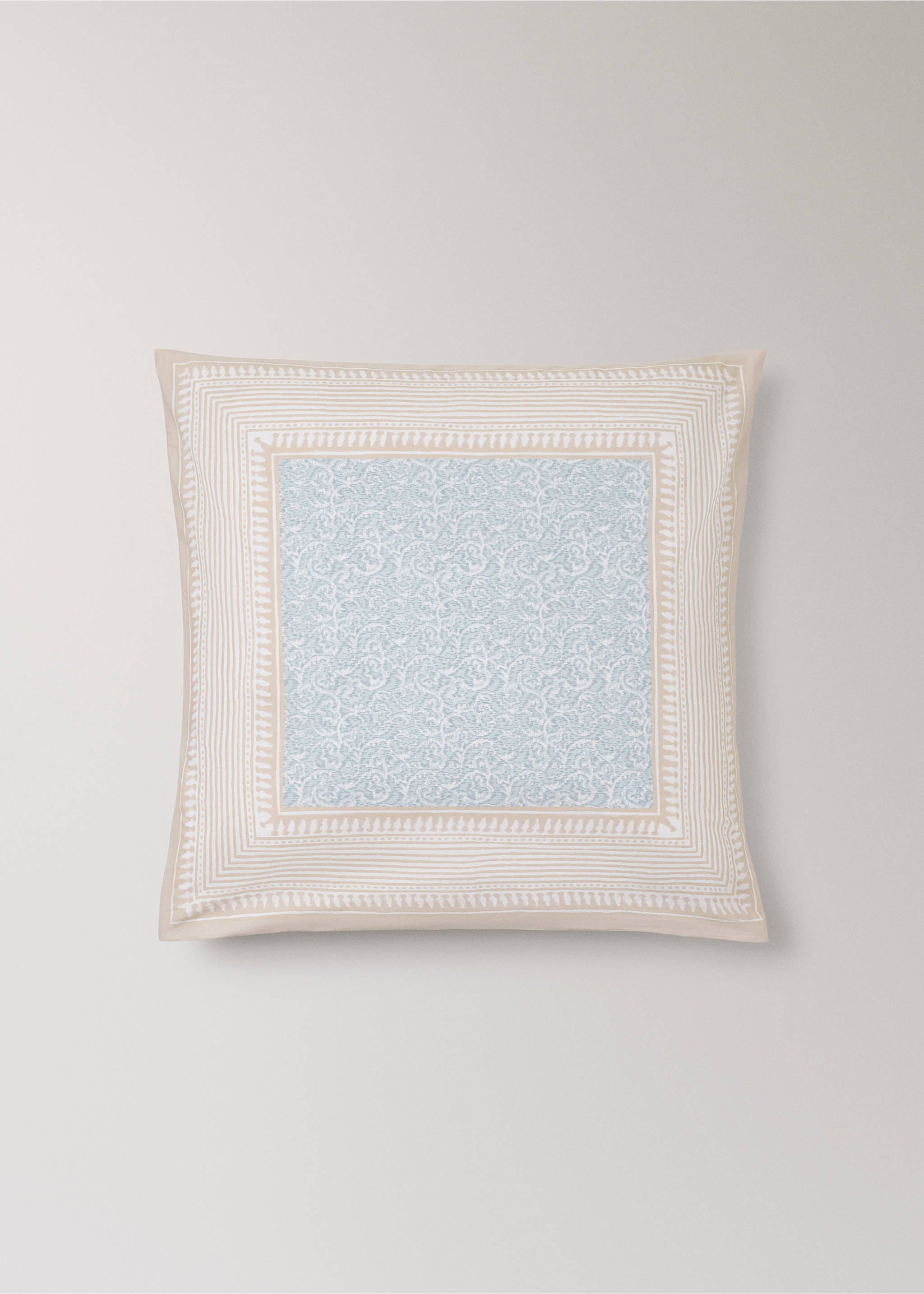 Two cotton percale pillowcases with decorative floral border and striped trim 60x60 cm - Article without model, Pastel Green. Ref: 27012969-00.