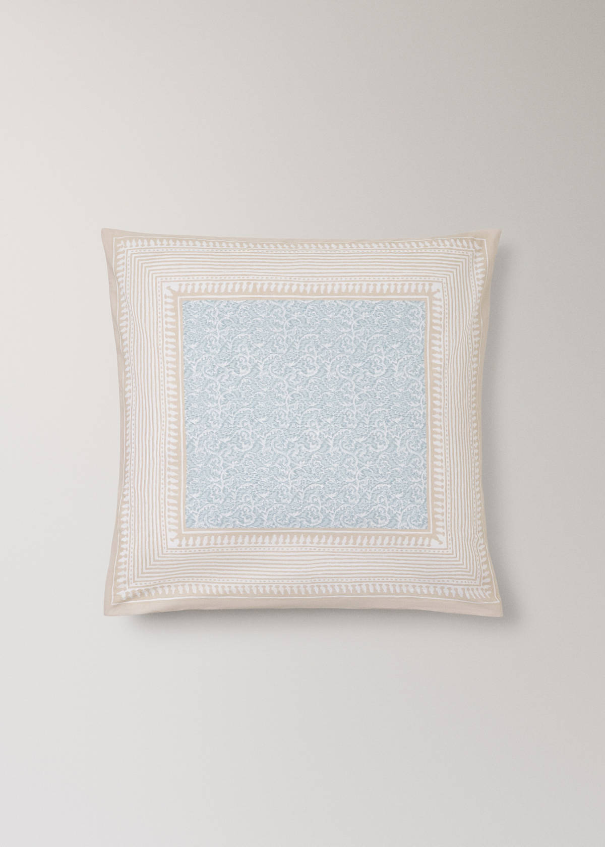Two cotton percale pillowcases with decorative floral border and striped trim 60x60 cm — Pastel Green