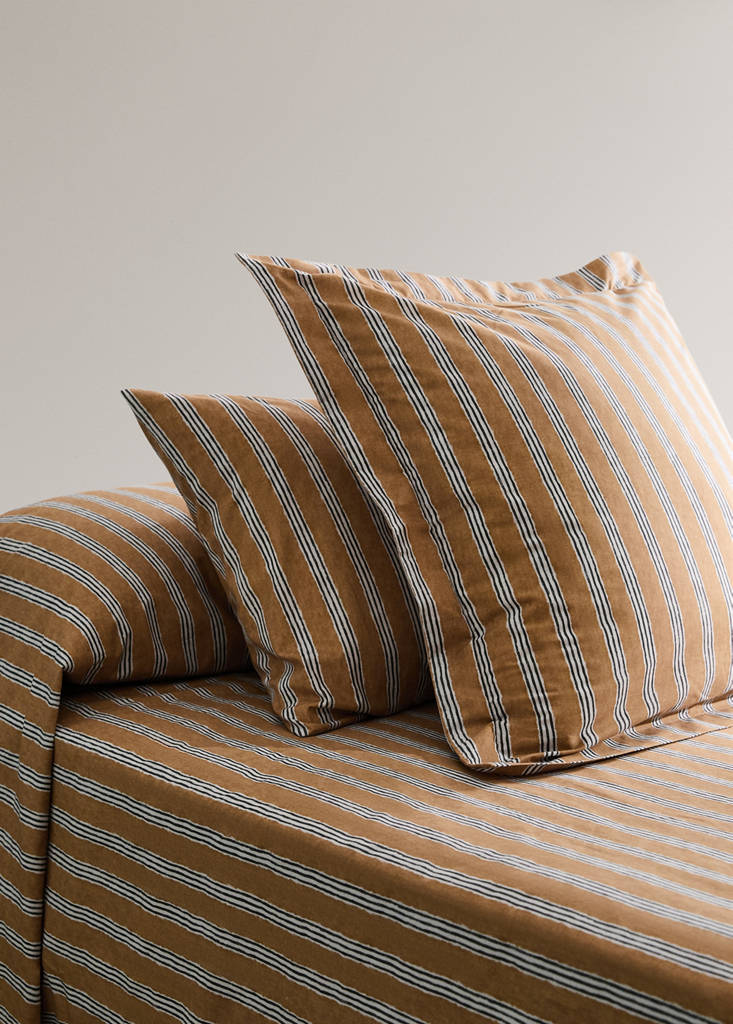 Two tricolour striped percale cotton pillowcases 50x75 cm — Ochre