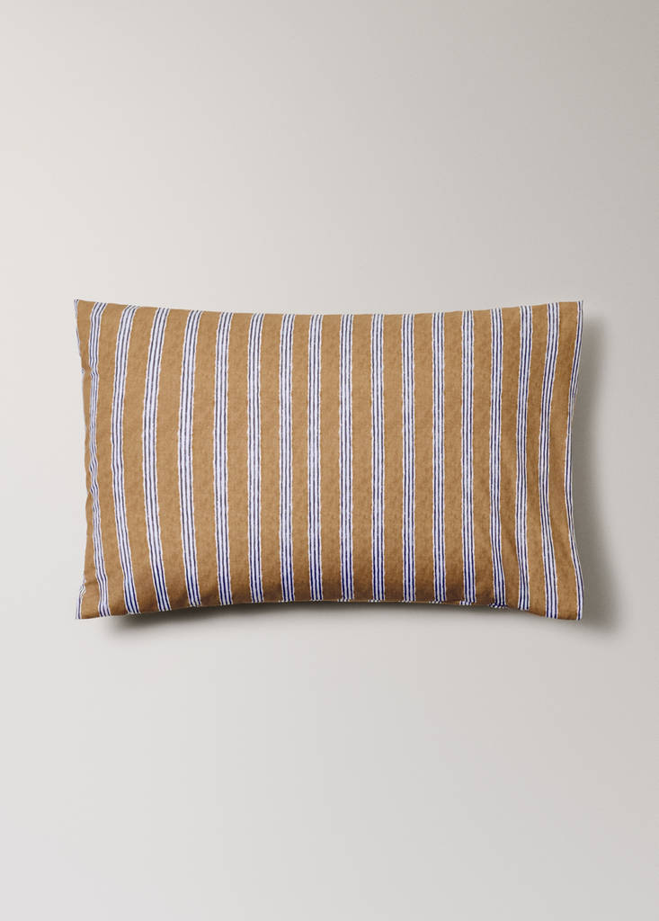 Two tricolour striped percale cotton pillowcases 50x75 cm — Ochre