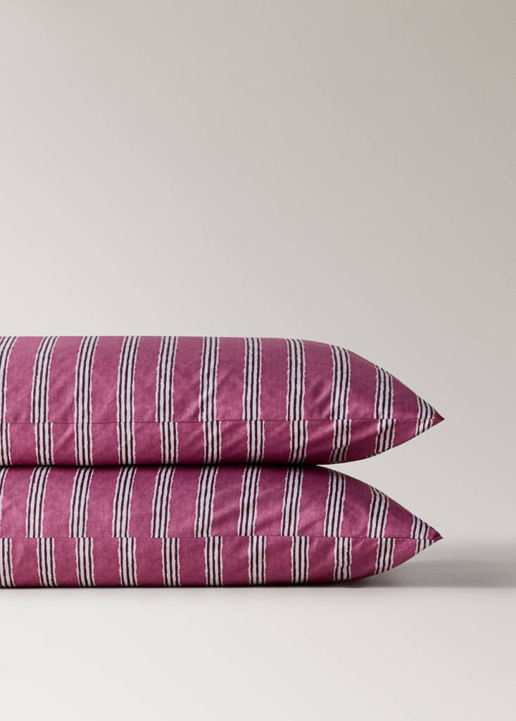 Two tricolour striped percale cotton pillowcases 50x75 cm — Cherry