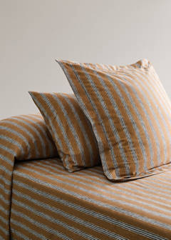 Two tricolour striped percale cotton pillowcases 60x60 cm — Ochre 1