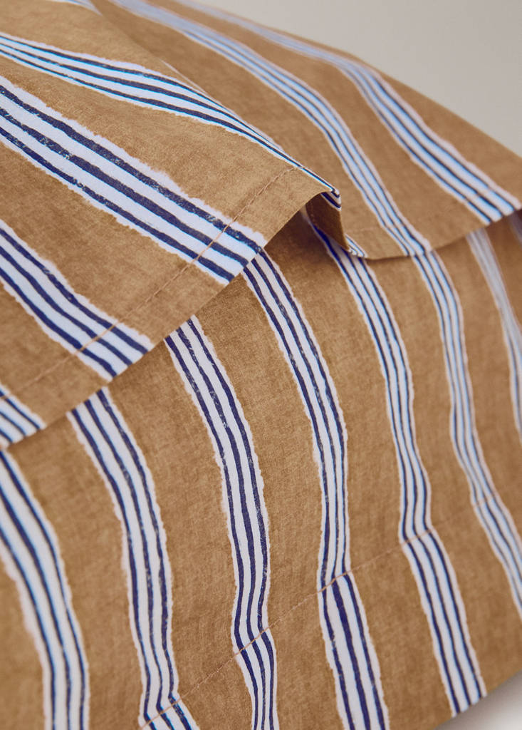 Two tricolour striped percale cotton pillowcases 60x60 cm — Ochre
