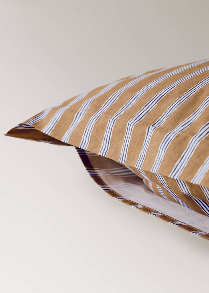 Two tricolour striped percale cotton pillowcases 60x60 cm — Ochre